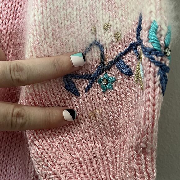 Nannell Sweater Women’s Small Pink Floral Embroidered Puff Sleeve Beaded Angora - Picture 7 of 10